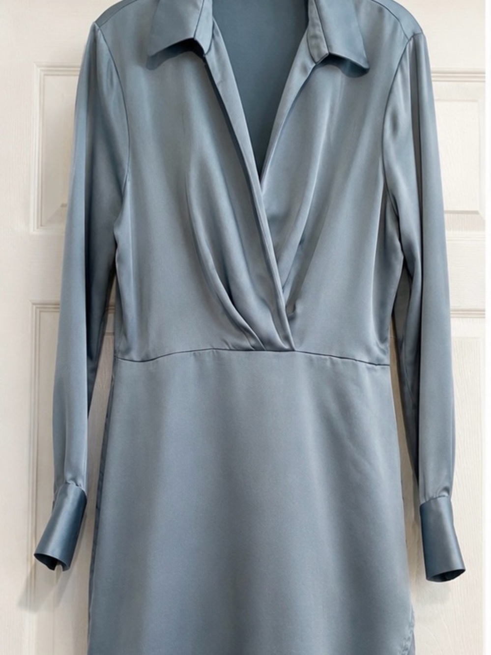DREW Powder Blue Satin Wrap-Front Long Sleeve Dress